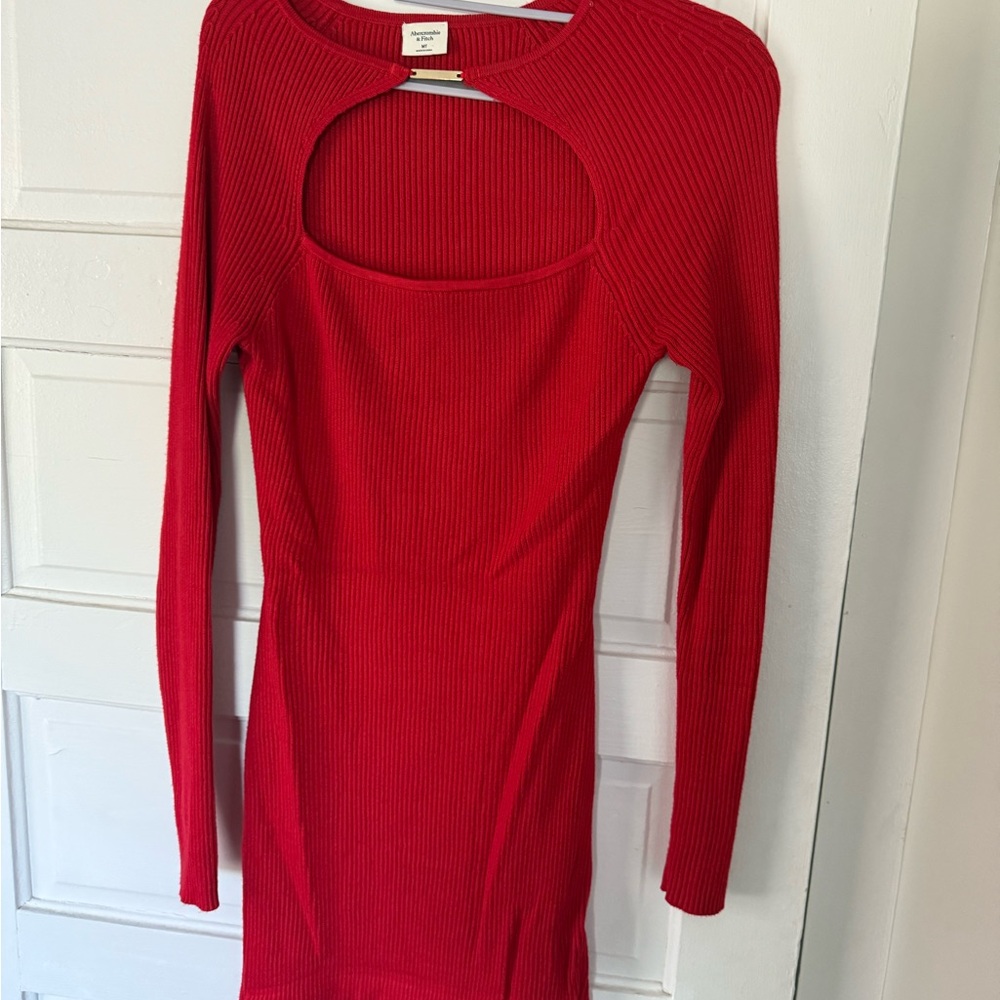 Abercrombie Red Ribbed Mini Long Sleeve Dress